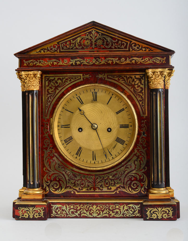 Appraisal: REGENCY GILT-METAL-MOUNTED AND BRASS-INLAID TORTOISESHELL AND ROSEWOOD MANTLE CLOCK The