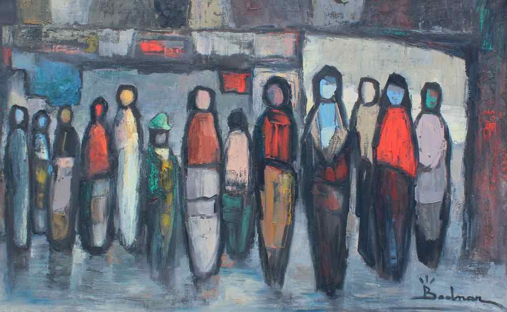 Appraisal: BODNAR Bertalan Hungarian - Modernist Figures Standing in Line Oil