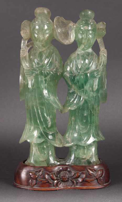 Appraisal: Chinese carved green quartz figural group of two women holding