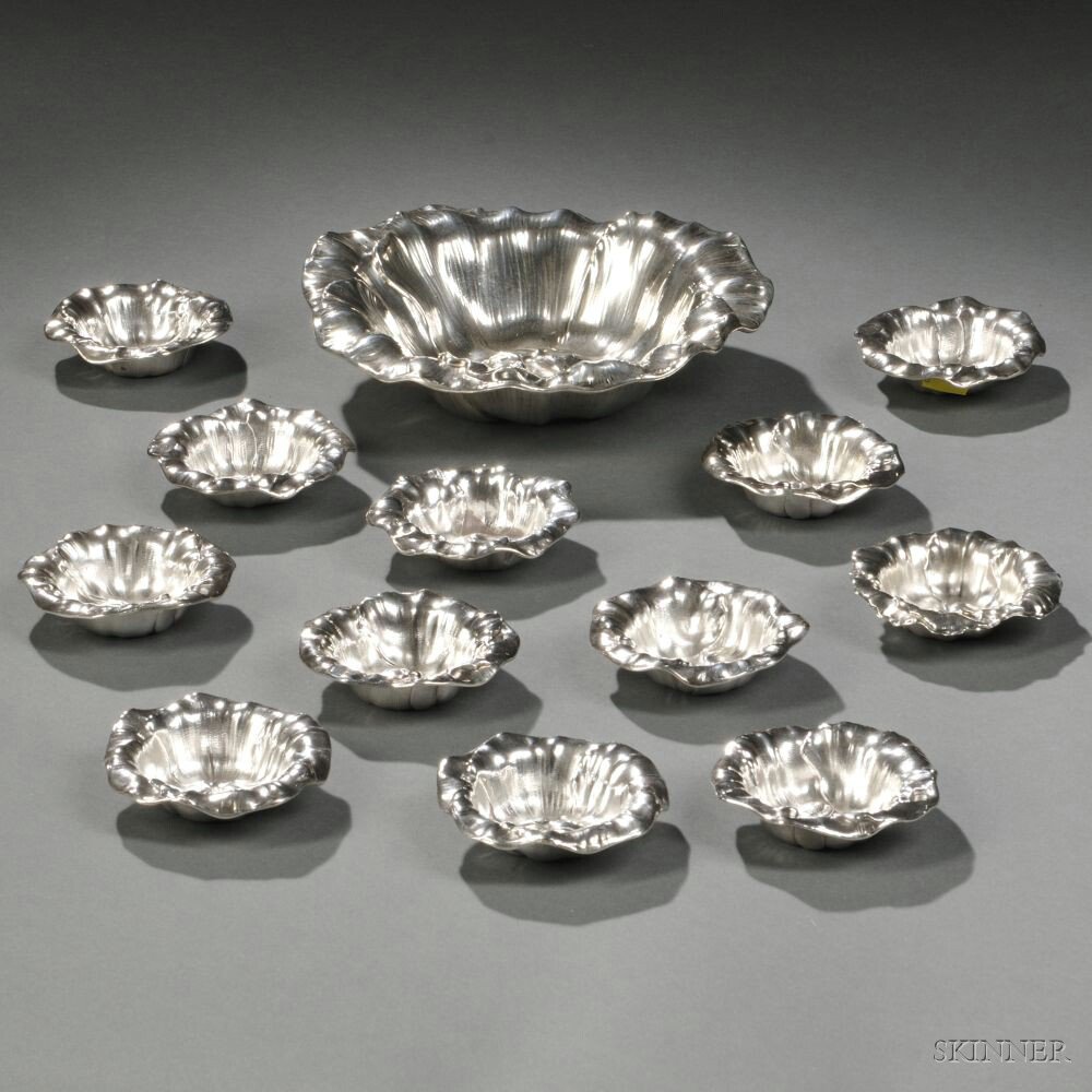 Appraisal: Watson Sterling Silver Floriform Nut Bowl and Twelve Cups Attleboro