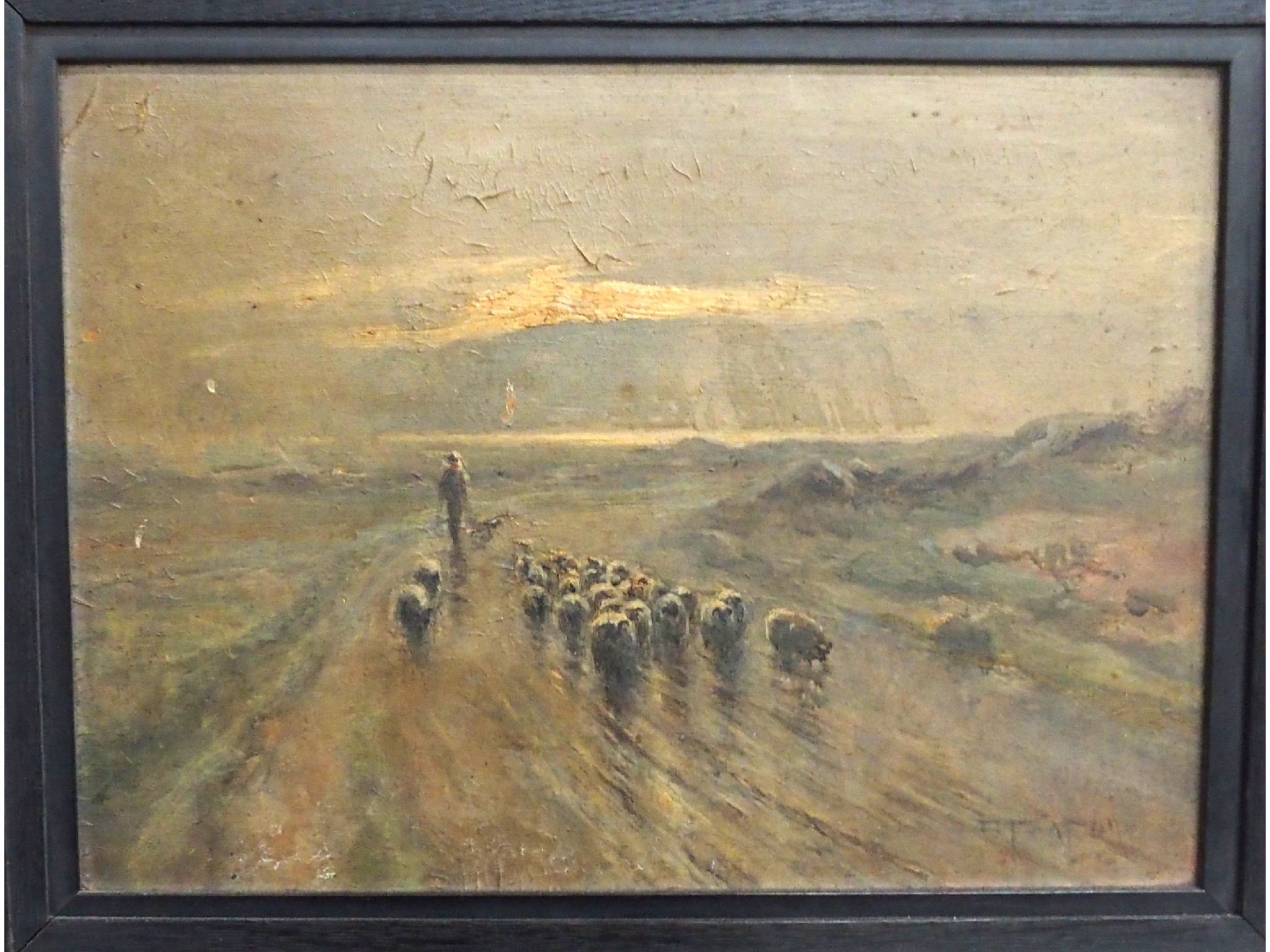 Appraisal: F PATON Shepherd with his flock at sunset signed oil