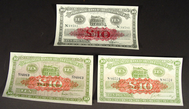 Appraisal: Three Provincial Bank of Ireland Ltd ten pound notes dated