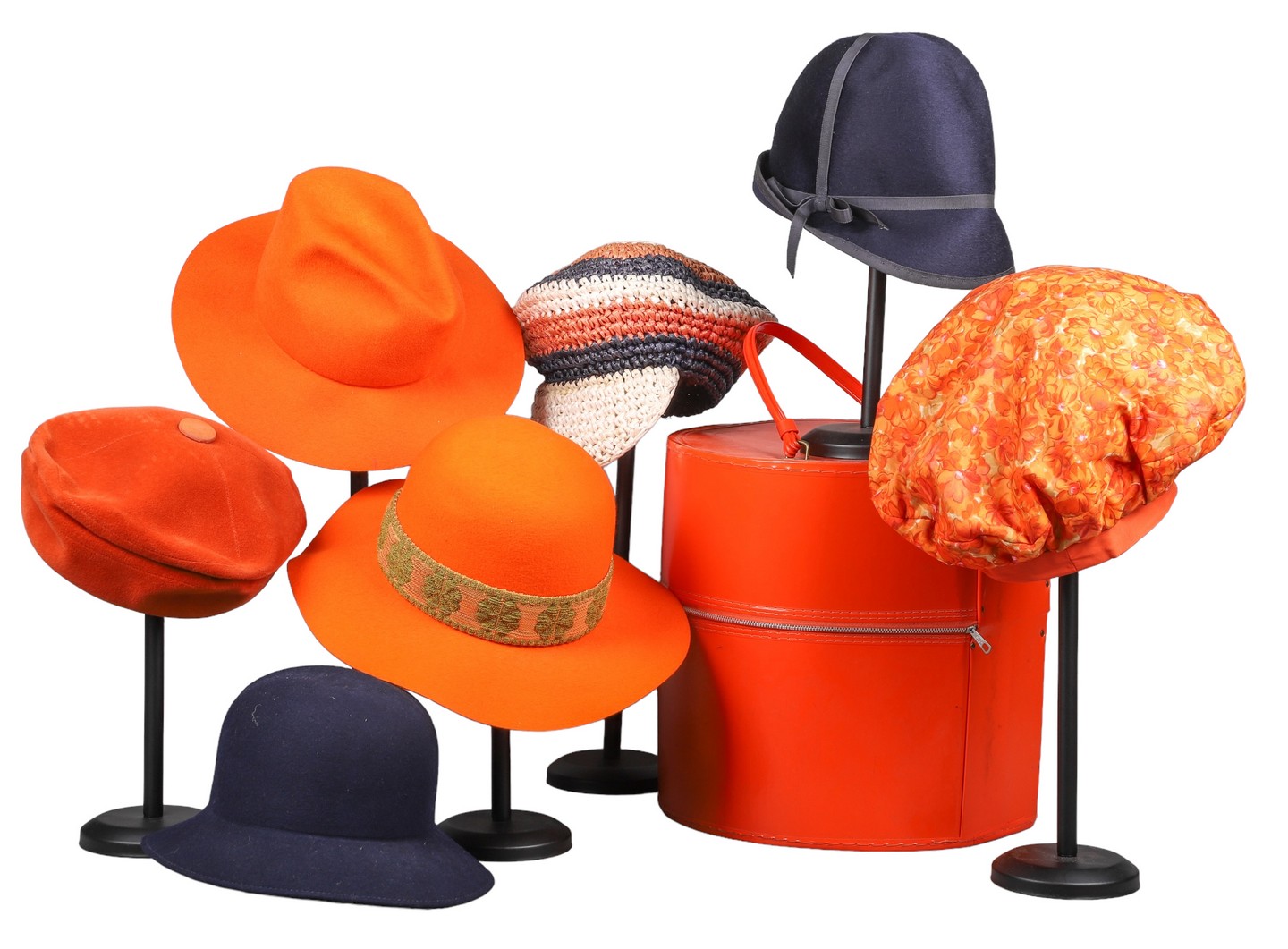 Appraisal: 's 's Orange and navy hat grouping to include Mr