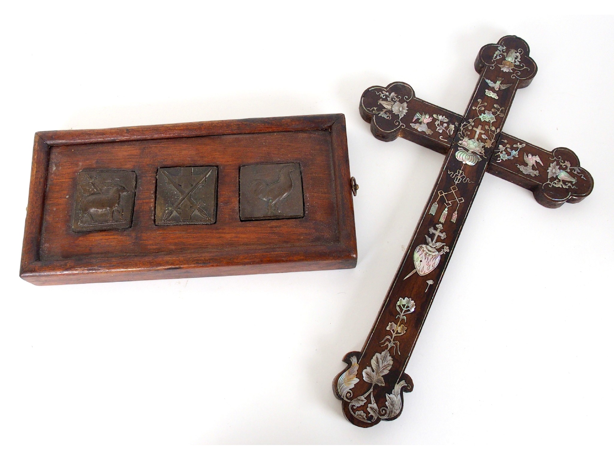 Appraisal: A Continental mahogany and mother-of-pearl inlaid crucifix and framed bronze