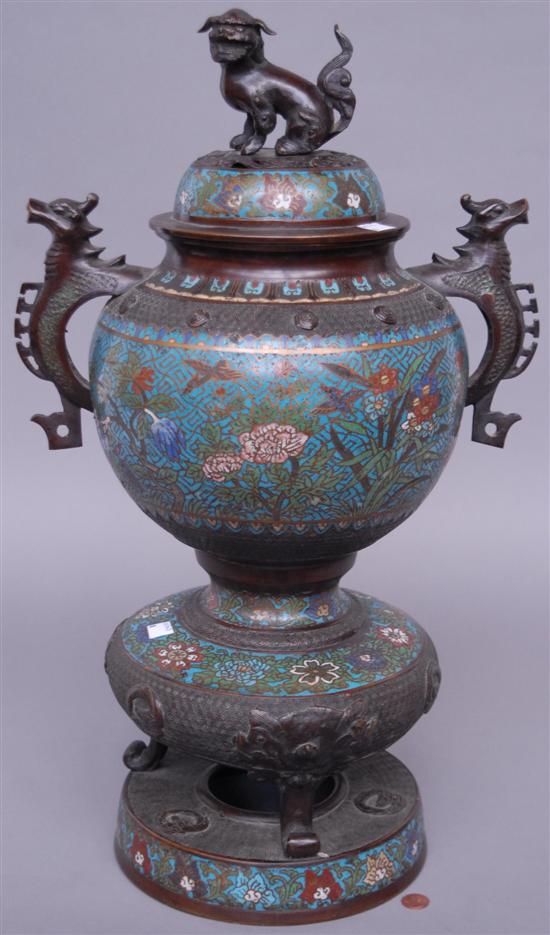 Appraisal: ANTIQUE ORIENTAL CLOISONNE CENSER Tiered form twin bronze figural handles