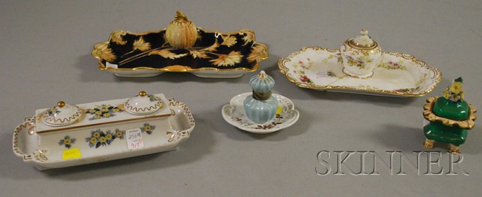 Appraisal: Five Decorated Ceramic and Porcelain Inkstands and Inkwells including a