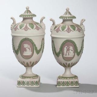 Appraisal: Pair of Wedgwood Tricolor Jasper Vases and Covers England th