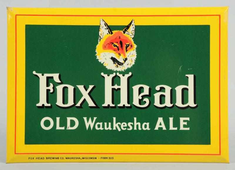 Appraisal: Fox Head Old Waukesha Ale Tin Over Cardboard Sign Clean