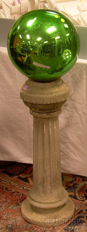 Appraisal: Green Mercury Glass Gazing Ball on Cast Stone Garden Pedestal