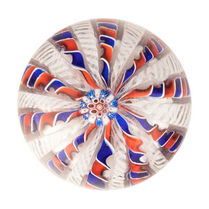 Appraisal: A Two-Color Ribbon and Latticino Twist Crown Glass Paperweight Attributed