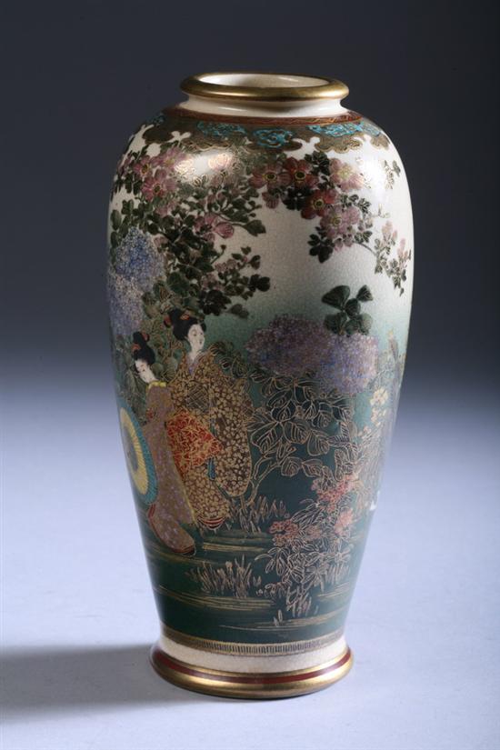 Appraisal: JAPANESE SATSUMA EARTHENWARE VASE Showa period Painted to depict three