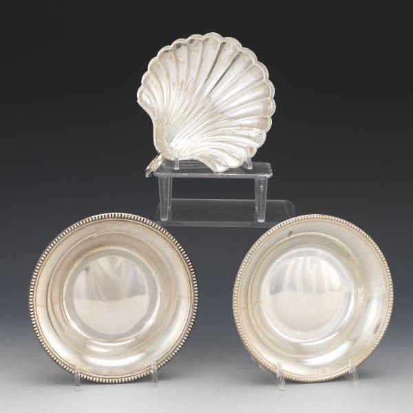 Appraisal: THREE STERLING SILVER TABLE DISHES One Fisher sterling silver shell