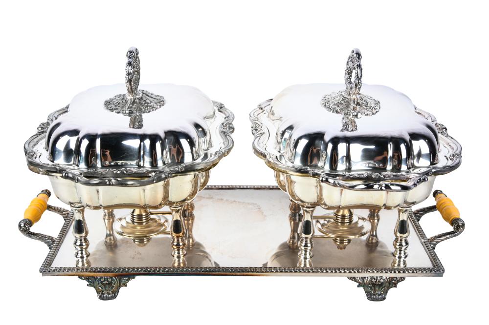 Appraisal: SILVER-PLATE DOUBLE ENTREEwith burners Condition tarnishing and some scratches to