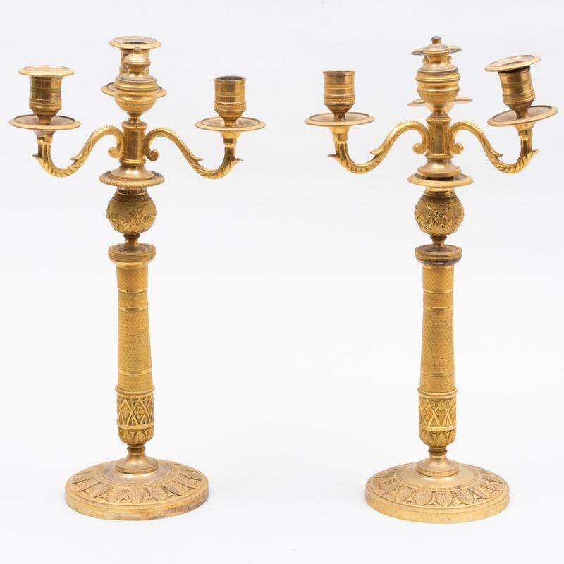 Appraisal: Pair of Charles X Ormolu Three-Light Candelabra x in diam