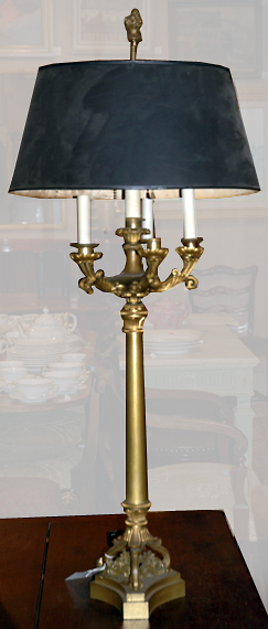 Appraisal: Empire Style Brass Two-Light Lamp with Tole Shade Estimate nbsp