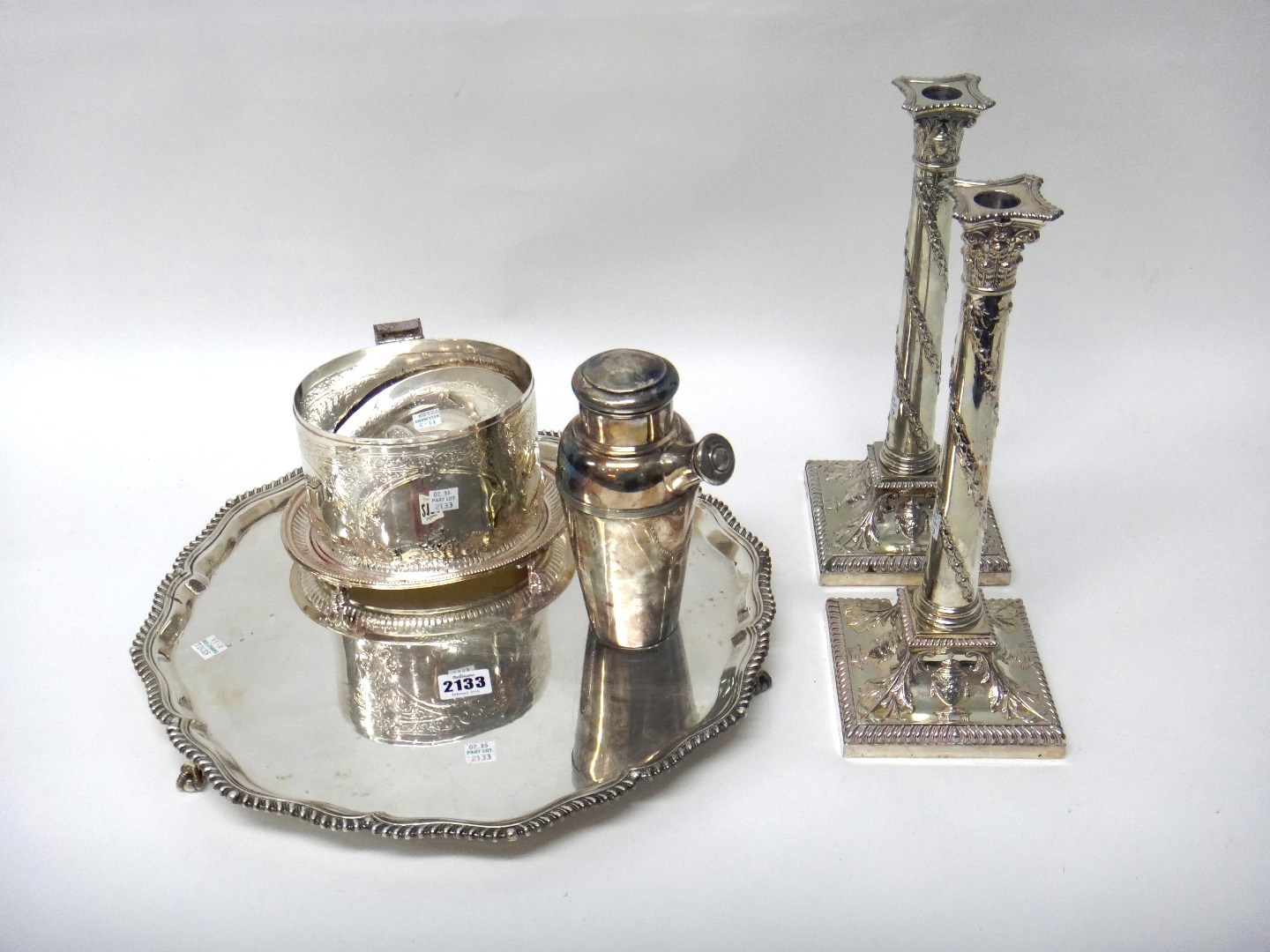 Appraisal: Plated wares comprising a pair of Corinthian column table candlesticks