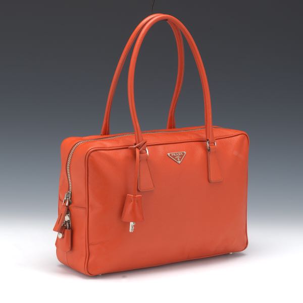 Appraisal: PRADA MANDARINO SAFFIANO LEATHER BAULETTO HANDBAG x x Orange Saffiano