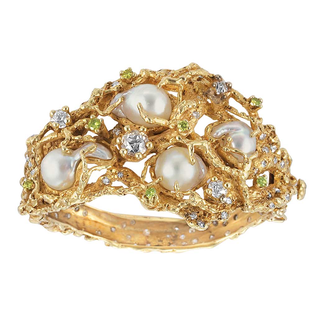 Appraisal: Nugget Gold Keshi Pearl and Diamond Bangle Bracelet Arthur King