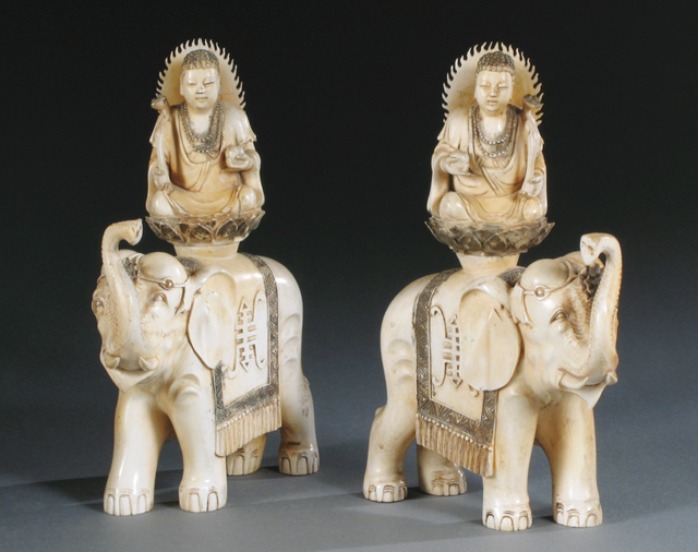 Appraisal: PAIR HAND CARVED ELEPHANT IVORIES Each a parade elephant with