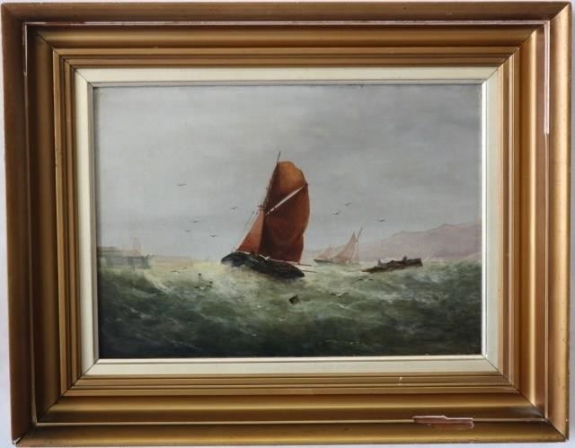 Appraisal: TH C OIL PAINTING ON CANVAS ENGLISH SEASCAPEWITH FISHING BOATS