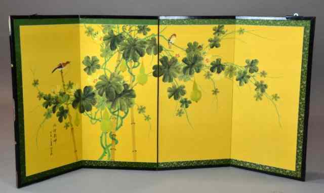 Appraisal: Chinese Hand Painted Four Panel Wall ScreenDepicting flowers tendrils fruit