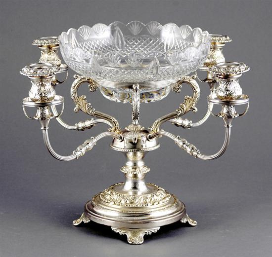 Appraisal: English silverplate epergne th century crystal bowl seated on scrolling