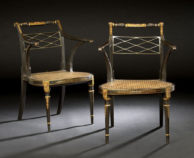 Appraisal: Pair of Edwardian Ebonized Armchairs ca in the Regency taste