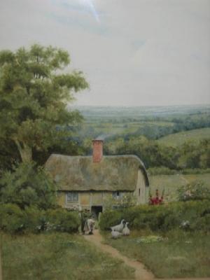 Appraisal: A T MAKINSON Woman and Geese before a Thatched Cottage