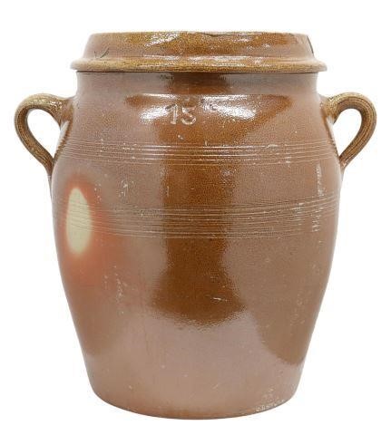 Appraisal: French Provincial fifteen-gallon stoneware covered crock early th c in