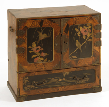 Appraisal: JAPANESE PARQUETRY INLAID LACQUER CABINET Late th Early th CenturyWith