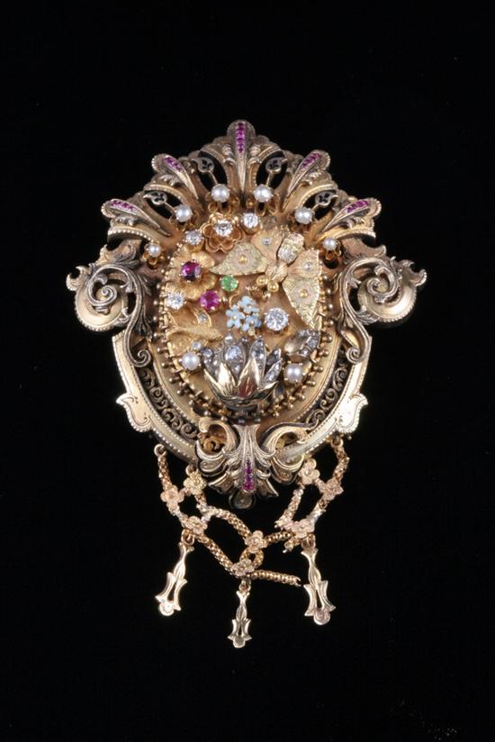 Appraisal: VICTORIAN THREE-COLOR GOLD ENAMEL DIAMOND PEARL AND COLORED GEMSTONE CARTOUCHE