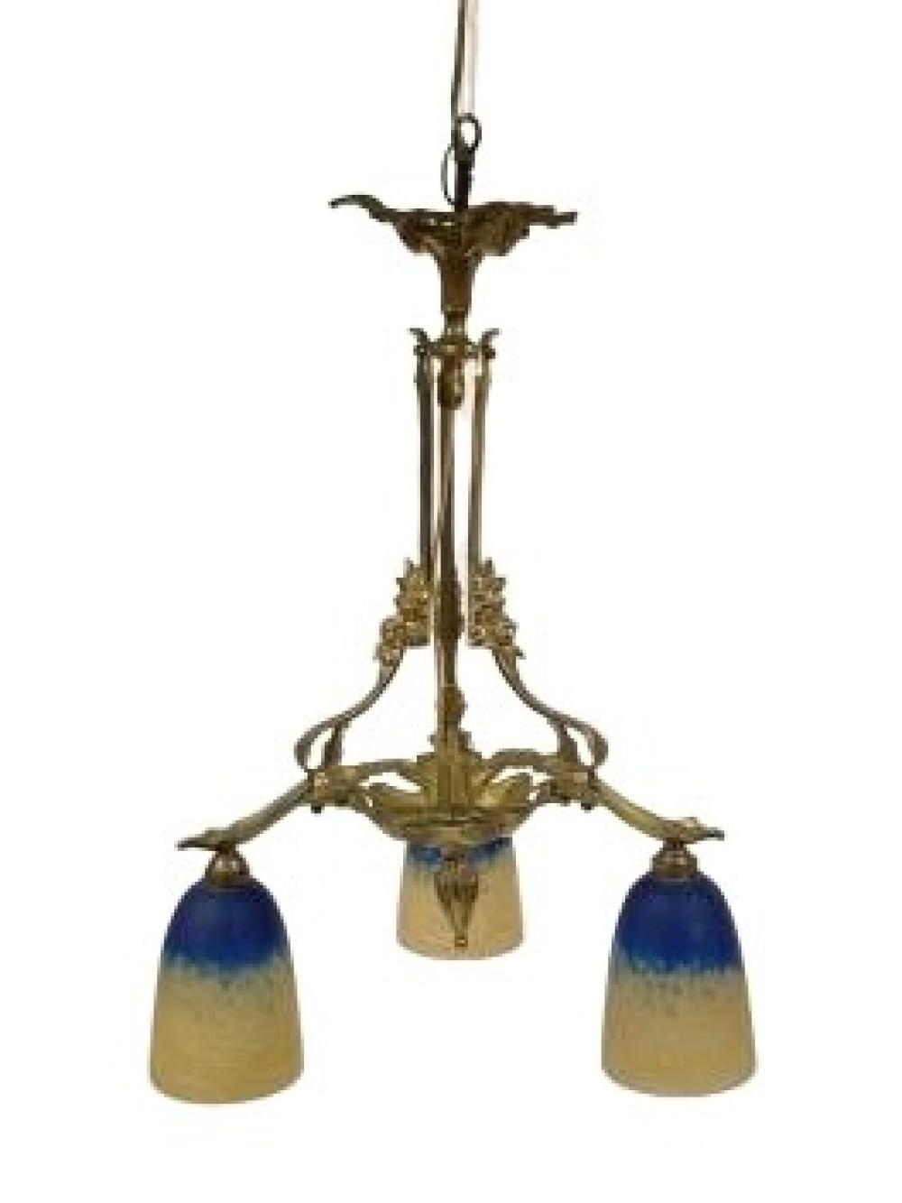 Appraisal: FRENCH ART DECO BRASS CHANDELIER WITH THREE SCHNEIDER ART GLASS