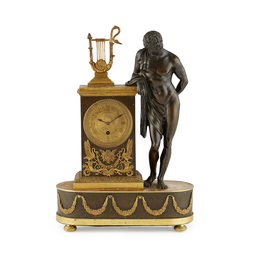 Appraisal: FRENCH EMPIRE GILT AND PATINATED BRONZE FIGURAL MANTEL TIMEPIECE EARLY