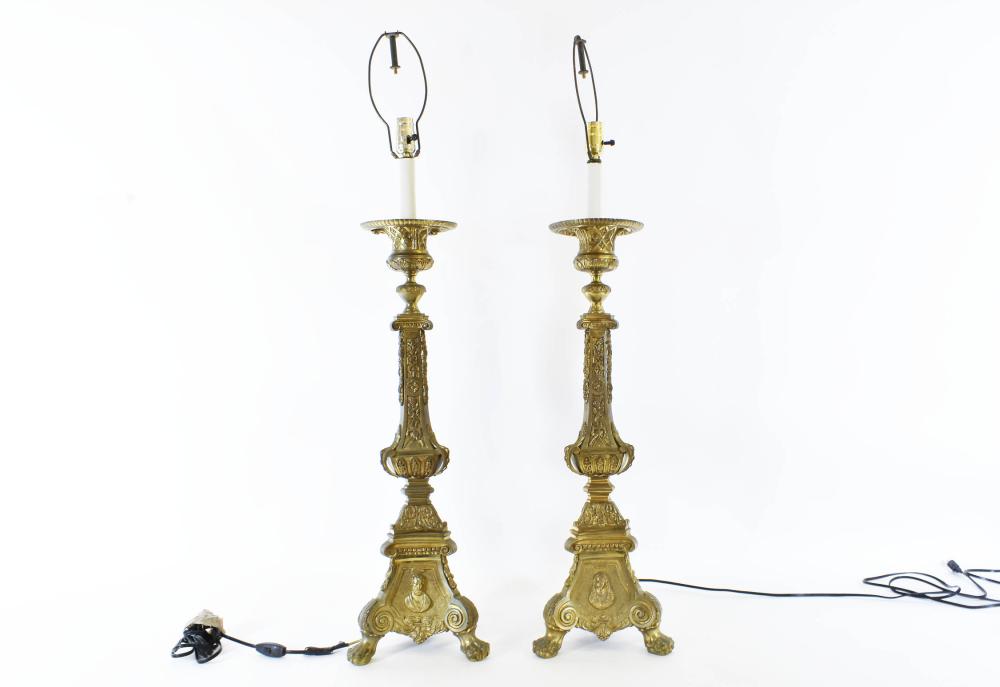 Appraisal: PAIR BRONZE BAROQUE STYLE TALL CANDELSTICKSNow mounted as lamps