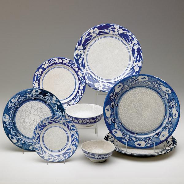 Appraisal: DEDHAM Crackleware eight items three Snowtree plates firing lines and