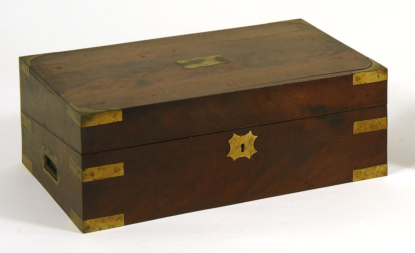 Appraisal: BRASS-BOUND TRAVEL DESK th CenturyIn mahogany with side carrying handles