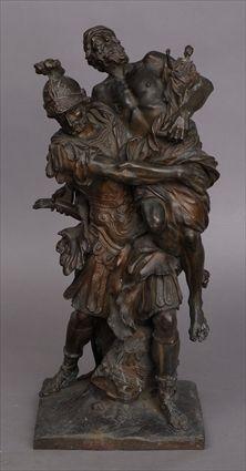 Appraisal: BRONZE FIGURE GROUP AENEAS CARRYING ANCHISES Unsigned modeled wearing armor