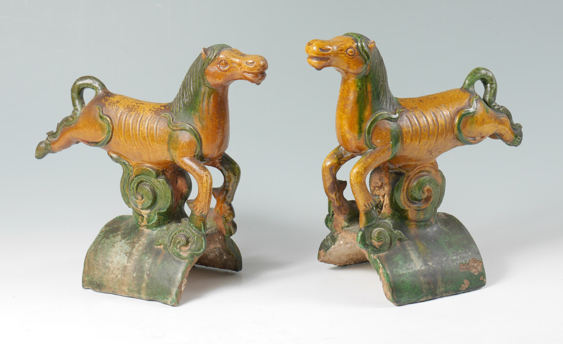 Appraisal: PAIR OF CHINESE GLAZED LEAPING HORSE ROOF TILES Ceramic figures