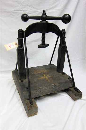 Appraisal: ANTIQUE WOOD AND CAST IRON BOOK PRESS American c Dimensions