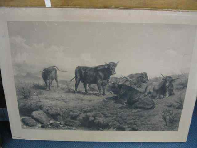 Appraisal: Rosa Bonheur Steel Engraving ''Les BoeufsBretons'' landscape with bulls and