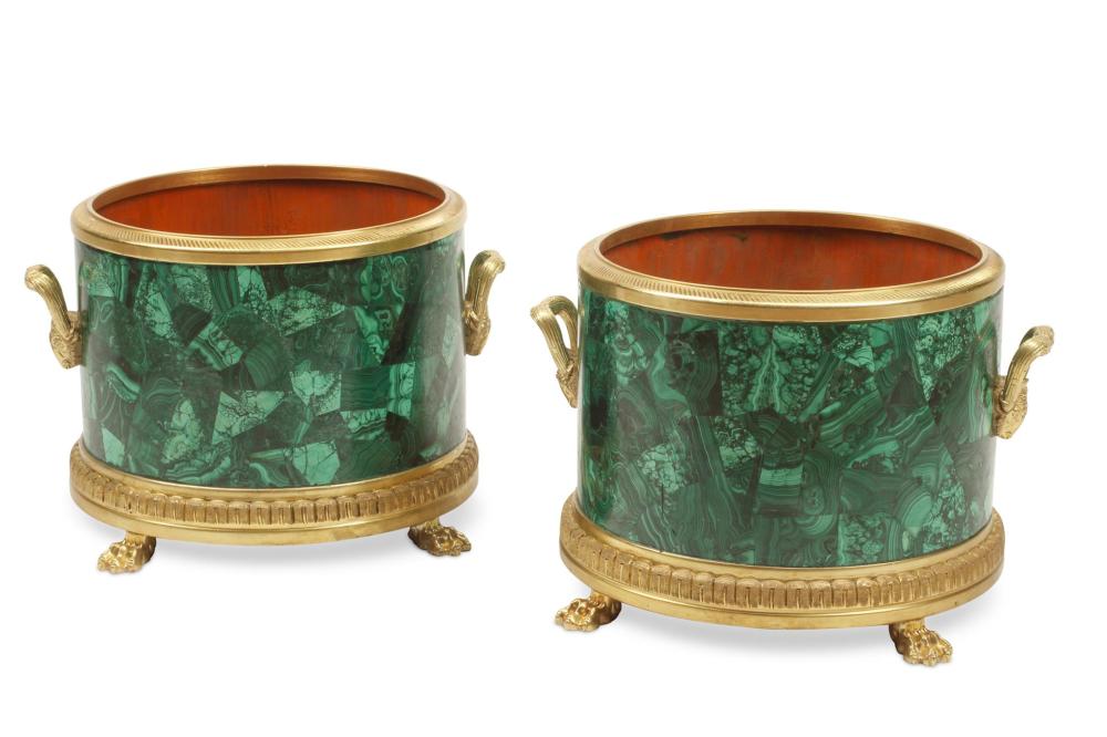 Appraisal: A PAIR OF LOUIS XVI-STYLE MALACHITE JARDINIERESA pair of Louis