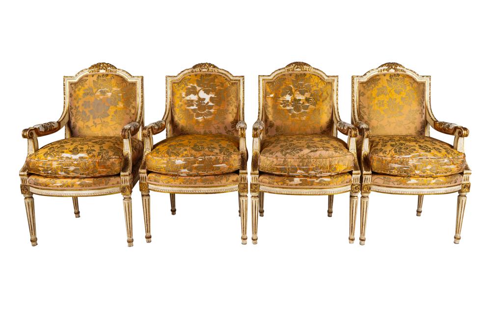 Appraisal: FOUR LOUIS XVI STYLE GILT WHITE-PAINTED FAUTEUILS th century Condition