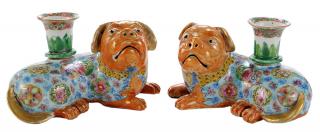 Appraisal: Pair of Chinese Export Porcelain Fu Dog Candlesticks Chinese th