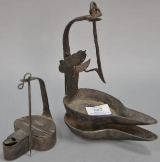 Appraisal: Two iron Betty lamps iron double pan handling and Hurxthal