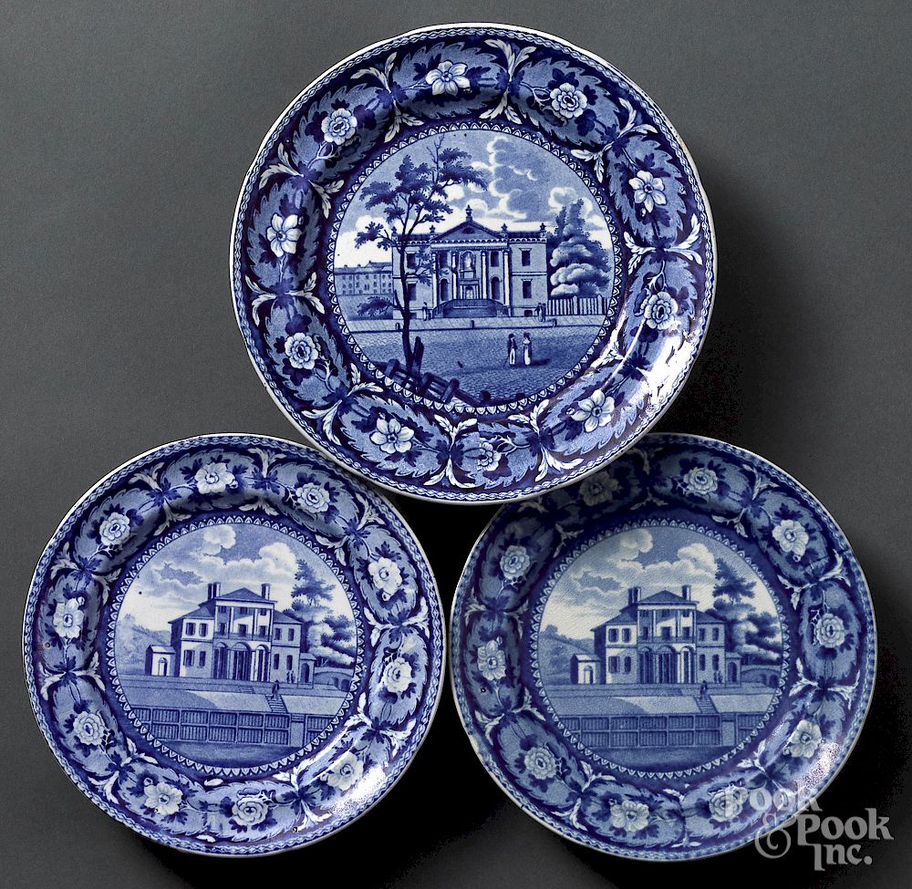 Appraisal: Three Historical Blue Staffordshire plates Two Historical Blue Staffordshire Insane