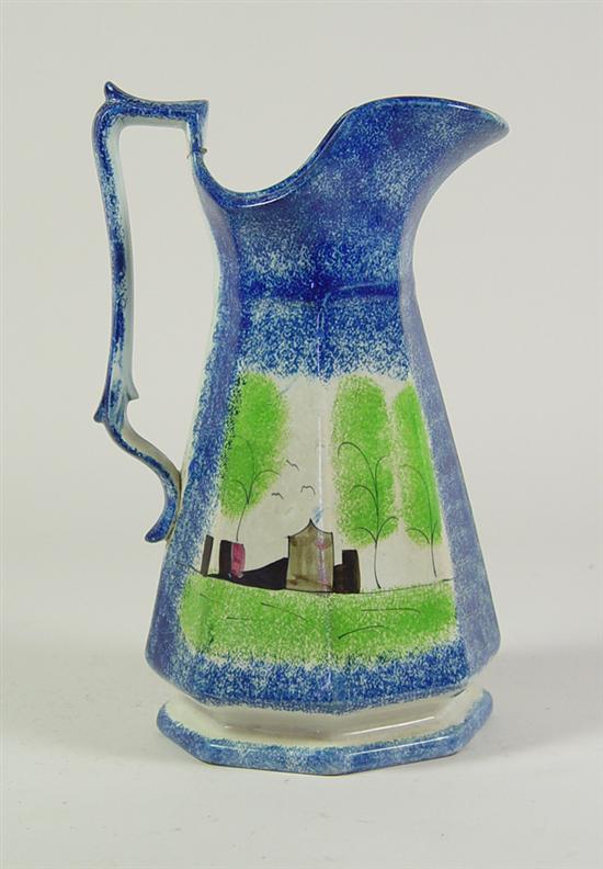 Appraisal: Spatterware Pitcher with Castle Scene Mid 's Blue and white