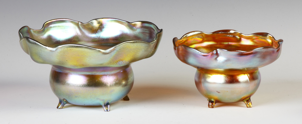 Appraisal: Tiffany Footed Iridescent Bowls with Ruffled Tops Left Sgn Favrille