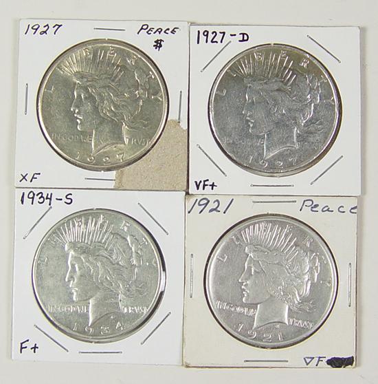 Appraisal: Four Better Date Peace Dollars VF - possibly cleaned XF