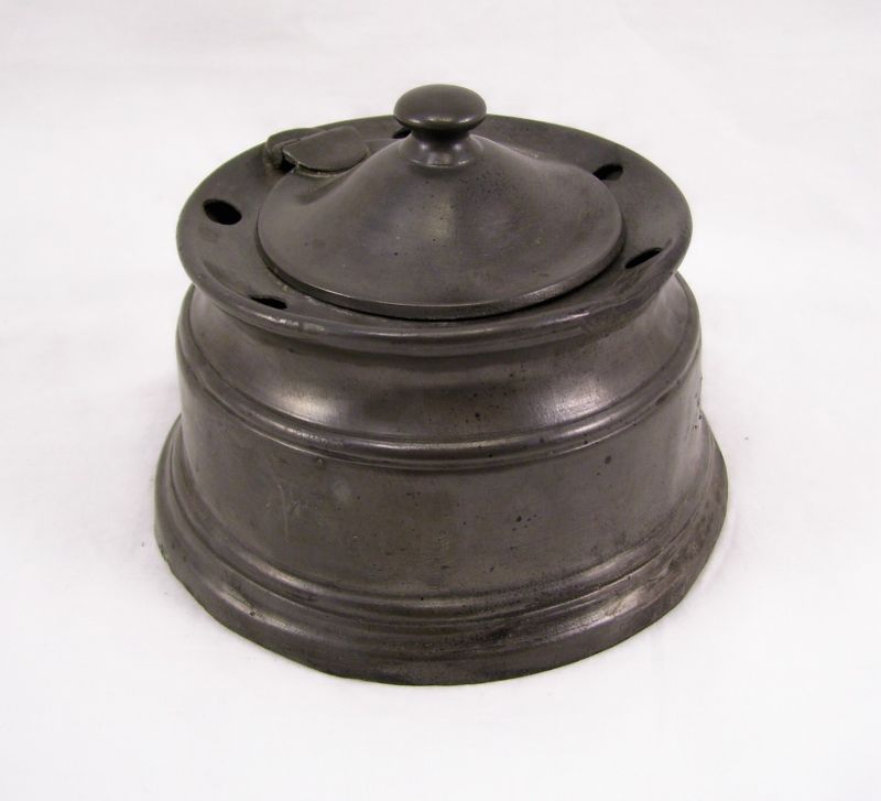 Appraisal: Pewter Inkwell w insert Pewter lidded inkwell with glass insert