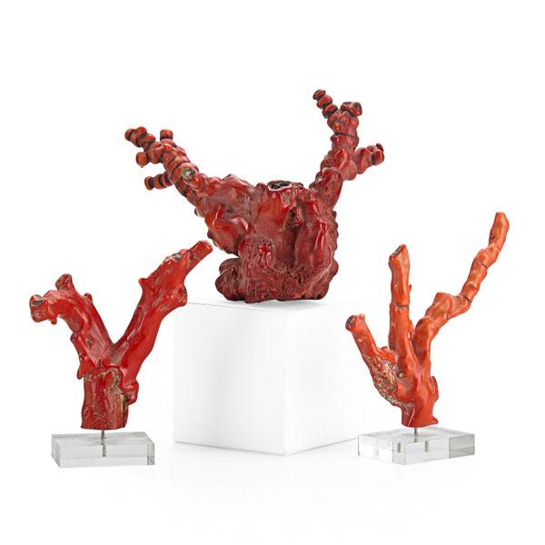 Appraisal: THREE RED SIMULATED CORAL SPECIMENS Two simulated specimens mounted on